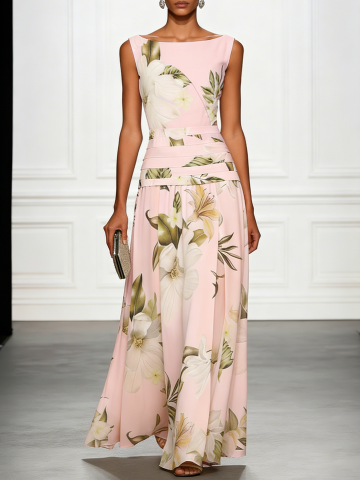 Floral Boat Neck Sleeveless Maxi Dress with Ruched Waist