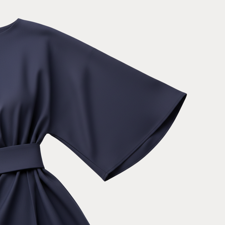 Belted Wrap Midi Dress with Wide Sleeves and V Neckline
