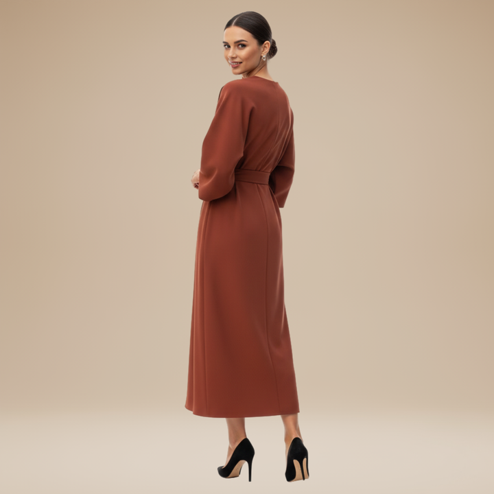 Belted Wrap Midi Dress with Wide Sleeves and V Neckline