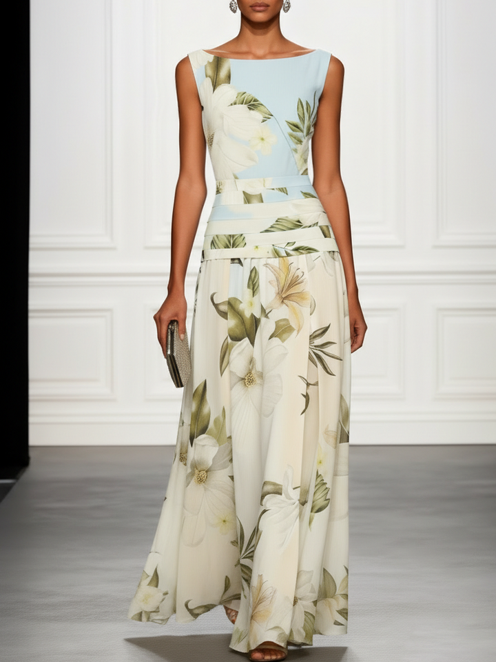 Floral Boat Neck Sleeveless Maxi Dress with Ruched Waist