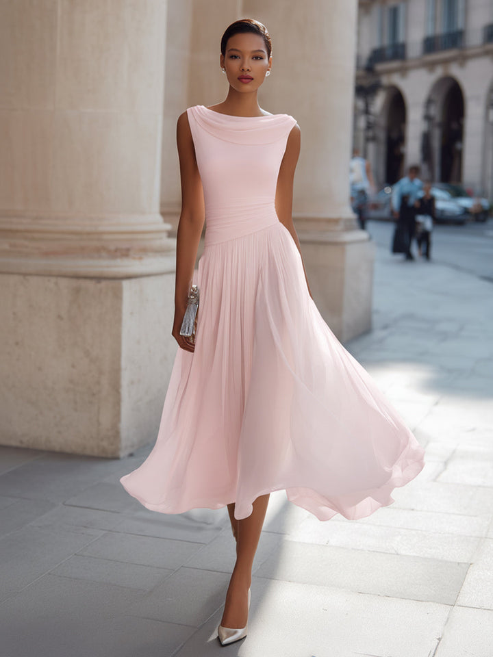 Draped Neck Sleeveless Midi Dress with Pleated Skirt