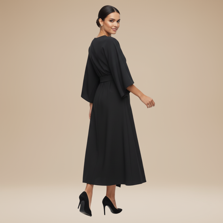 Belted Wrap Midi Dress with Wide Sleeves and V Neckline