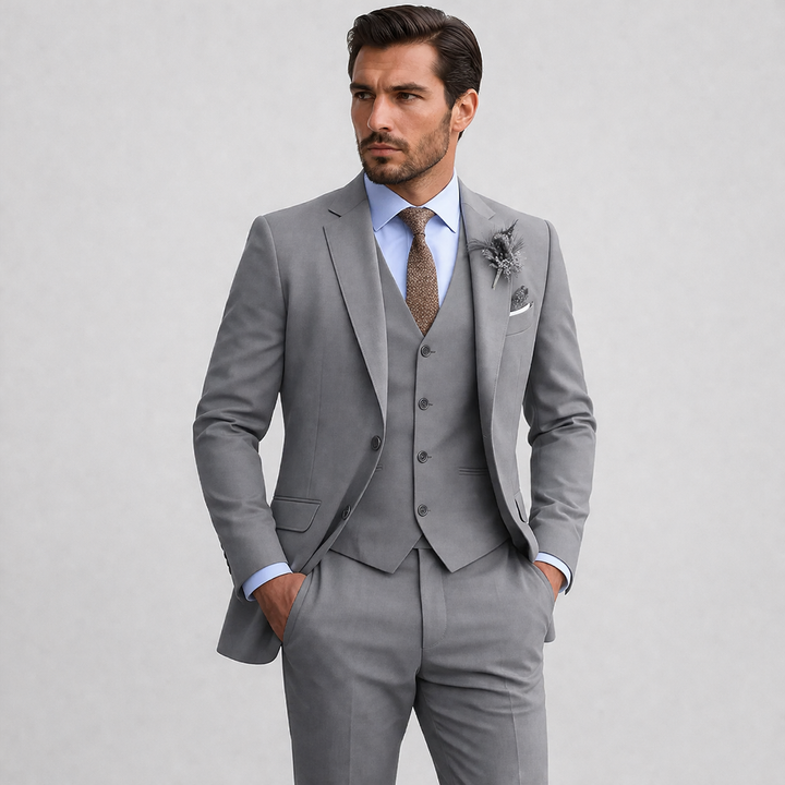 Refined Men’s Linen Three-Piece Suit With Notch Lapels And Waistcoat