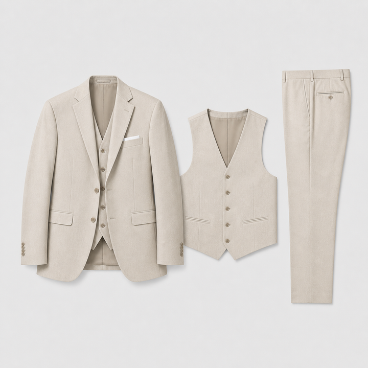 Refined Men’s Linen Three-Piece Suit With Notch Lapels And Waistcoat