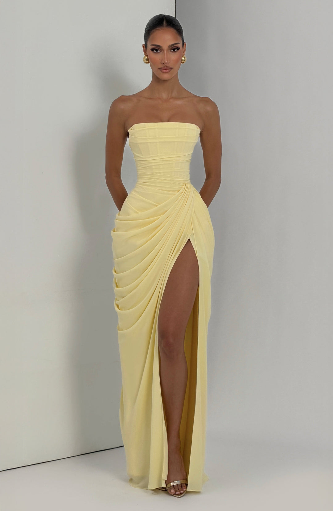 Strapless Maxi Dress with Ruched Waist and Side Slit