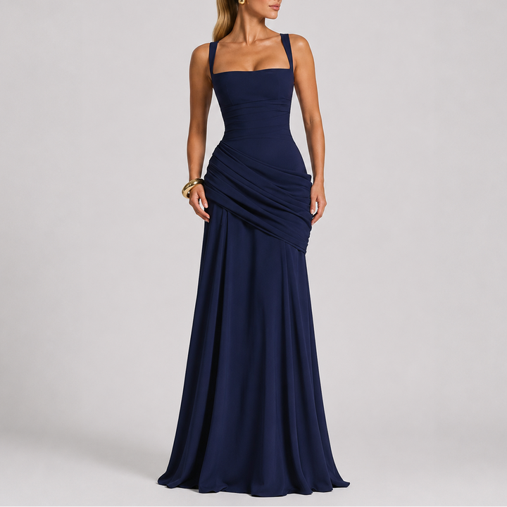 Ruched Maxi Evening Dress with Square Neckline
