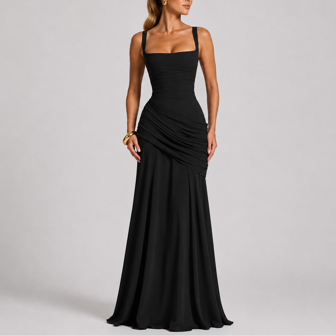 Ruched Maxi Evening Dress with Square Neckline