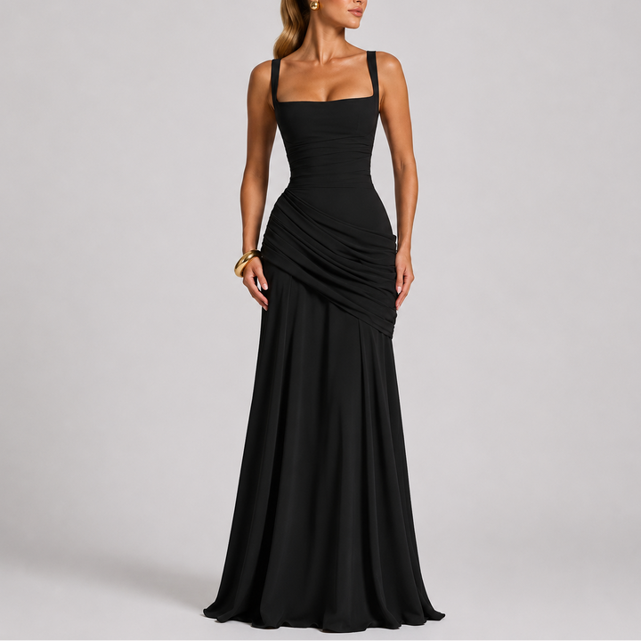 Ruched Maxi Evening Dress with Square Neckline