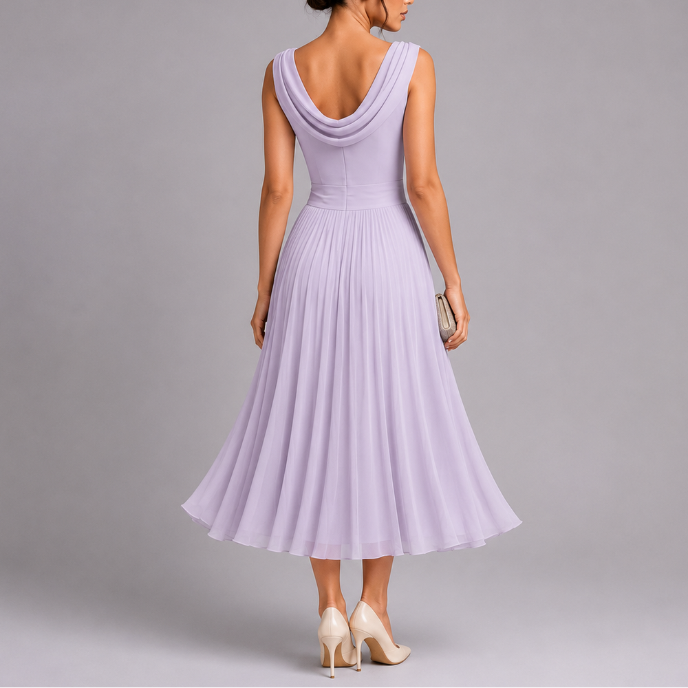 Pleated Midi Dress with Draped Neckline and Fitted Waist