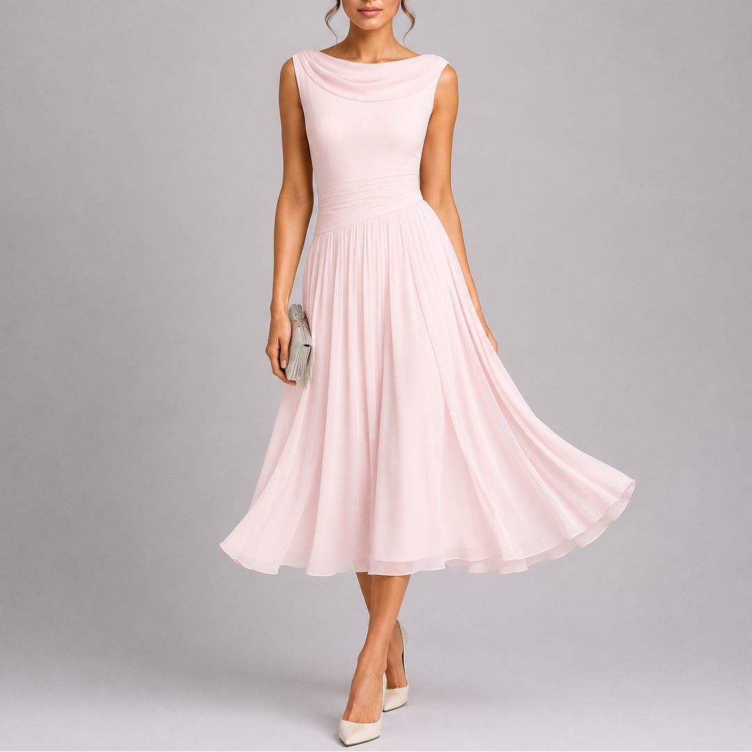 Pleated Midi Dress with Draped Neckline and Fitted Waist