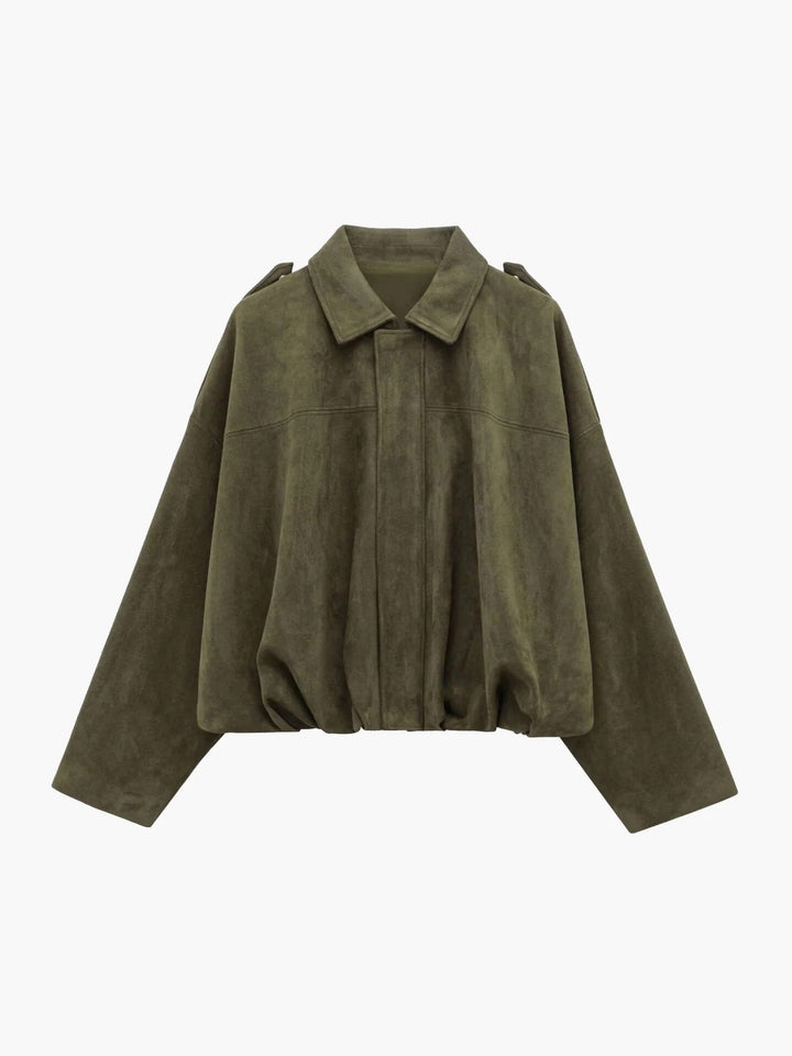 Faux Suede Bomber Jacket with Structured Collar