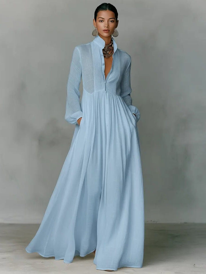 Linen Blend Maxi Shirt Dress with Stand Collar and Pockets