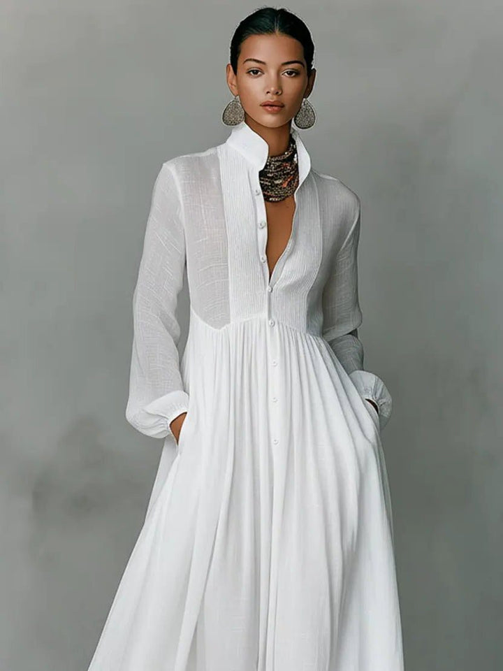 Linen Blend Maxi Shirt Dress with Stand Collar and Pockets