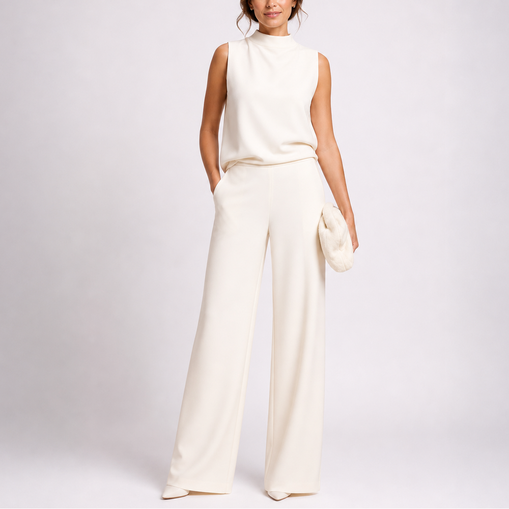 Sleeveless Jumpsuit with High Neckline and Wide-Leg Design