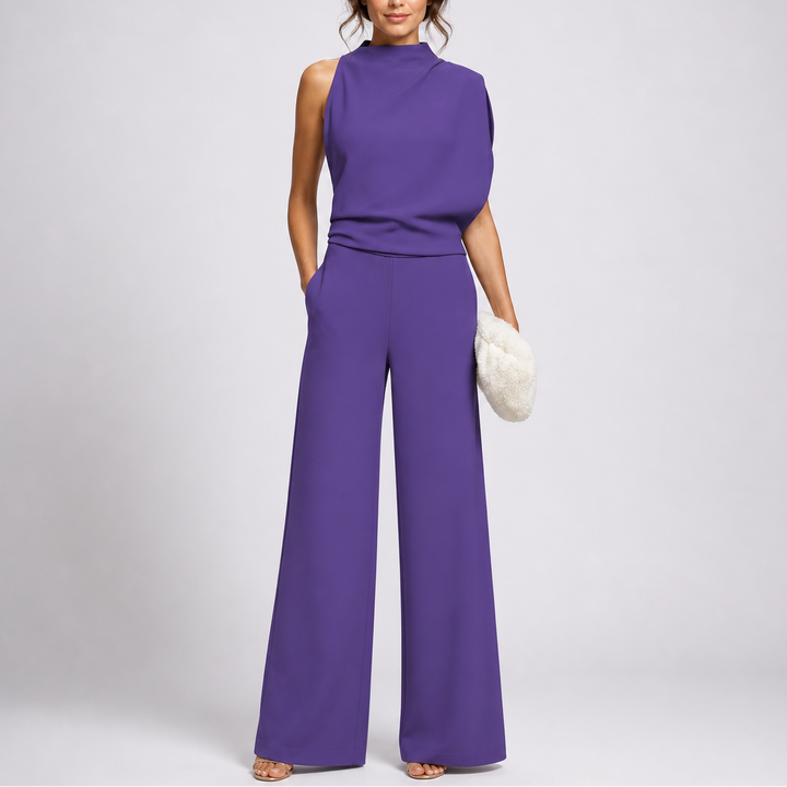 Sleeveless Jumpsuit with High Neckline and Wide-Leg Design